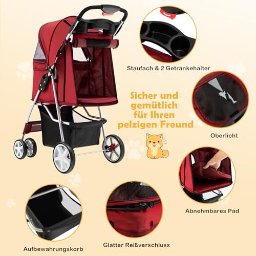COSTWAY Hundewagen Haustiere Buggy, bis 15 kg, Hundebuggy mit Netzfenstern & Getränkehalter & Korb & Sonnenschutz, Faltbarer Katzenwagen, Katzenbuggy für kleine Hunde Katzen (Rot)