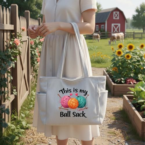 Bolso tote de pana para mujer con estampado de ovillos de lana miniatura 2