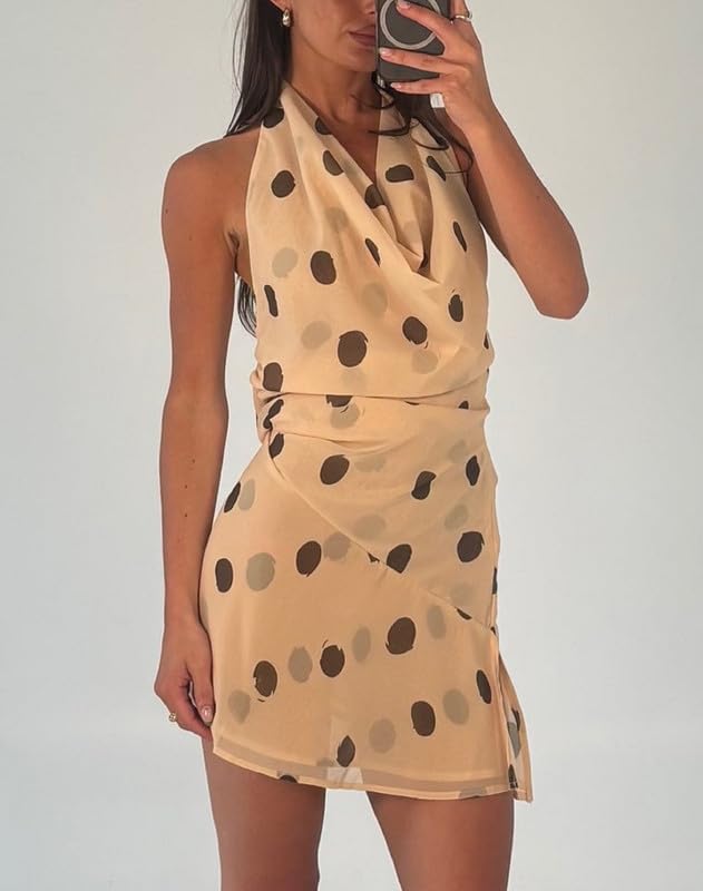 Image of Women Halter Low Neck Mini Dress Sexy Cutout Sleeveless Boho Short Dresses Open Back Night Party Going Out Sundress
