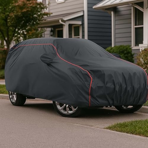 Image of Sulfar 100% Water Resistant Car Body Cover Compatible with Mirror for Toyota Etios (Triple Stitched, Full Bottom Elastic, Dark Grey Taffeta with Red Piping)