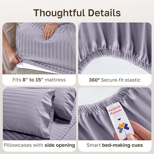 Image of Luxury Split King Adjustable Bedsheets, Soft 100% Cotton, 500 Thread Count Sateen, Snug Fit, Set With Twin-XL Fitted Sheets, Sheets For Bed In Damask Stripe (Split King, Stripe - Lavender)