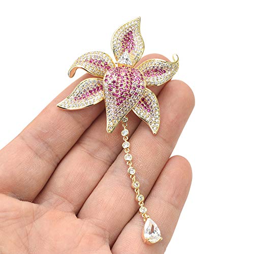 Image of Women's Cubic Zirconia Orchid Flower Brooch Crystal Floral Boutonniere Petal Lapel Pin Beastpin Bridal Wedding Jewelry with Tassel