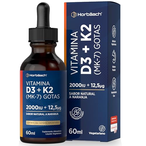 Vitamina D3 y K2 Gotas de Alta Dosis 60ml | K2 All-Trans MK7 | Gotas líquidas | 2000 UI D3 + 12,5 mcg K2 | de Horbaach