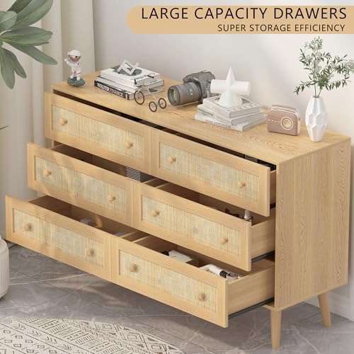 Image of HUANLEGO Rattan Dresser for Bedroom, Modern 6 Drawer Dressers & Chest of Drawers, Natural Boho Dresser with Handles Wood Storage Organizer Modern Dressers for Closet, Hallway, Office