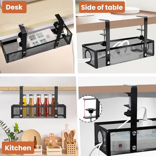 Image of Adjustable Under Desk Cable Organizer Rack (Black) - Metal Wire Management Tray for Power Strips, Extension Cords & Cables - Clamp-On or Screw-Fixed Desk Holder for Home & Office