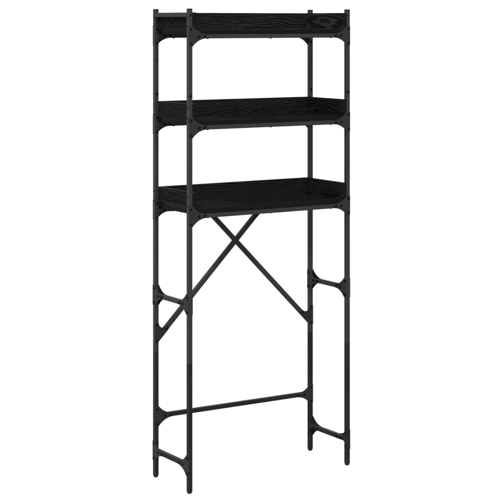 Regał na pralkę czarny z materiału drewnopochodnego z ramą stalową, 67 x 25 x 163 cm, 3 półki, do wnętrz, zajmuje mało miejsca, wytrzymały i stabilny, na akcesoria do pralek i suszarek