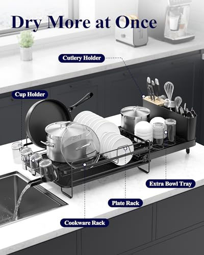 Image of Kitsure Extendable Dish Drying Rack, 19.2 inch-26.7 inch L x 12.9 inch W, Black | Large Dish Rack, Multifunctional Dish Rack for Kitchen Counter, Anti-Rust Dish Drainers with Cutlery & Cup Holders