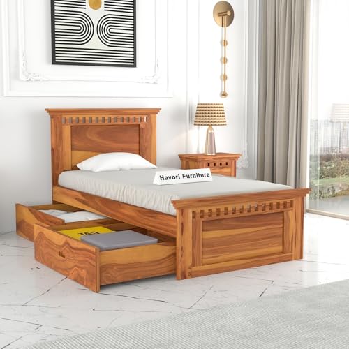 Image of Solid Sheesham Wood Single Size Bed with 2 Drawer Storage Wooden Single Cot Bed for Home Living Room Bedroom Guest Room Hotel (Honey, Size 6 * 3)