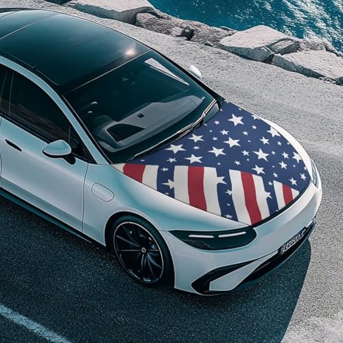 Image of American Flag Design Car Hood Cover Protector Elastic Polyester Auto Hood Wraps Blankets Patriotic Decorations Stretchable Car Exterior Accessories