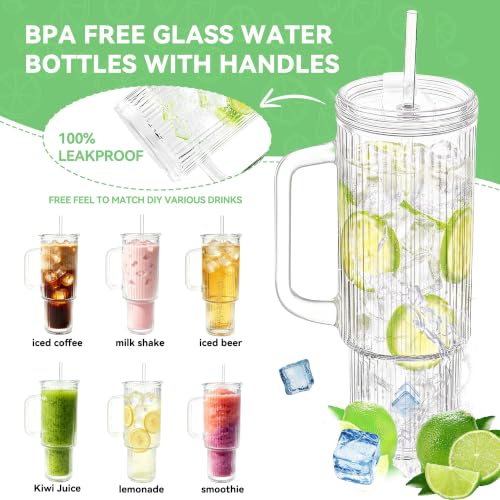 Image of Birity 40oz Ribbed Glass Tumbler with Handle,2Pack Iced Coffee Cup with Lid | Reusable Glass Cup with Lid for Smoothies,Soda,Tea-Glass Water Bottles Drinking Glasses for Camping,Travel,and Outdoor