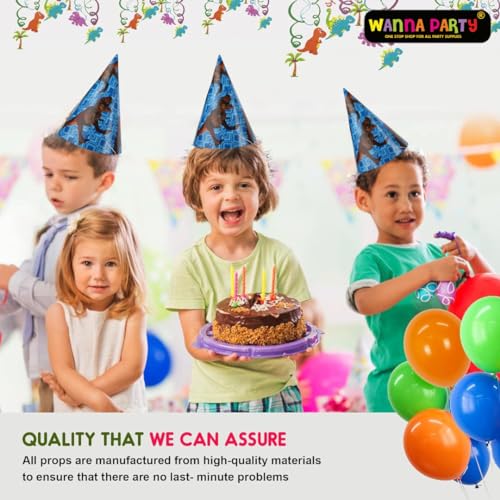 Image of WP WANNA PARTY Dinosaur Theme Birthday Decoration Combo for Dinosaur Party, Jungle Animal Theme Party- Dinosaur Swirl Hanging, Dinosaur Hats and Green,Orange and Blue Balloons-41 Pieces