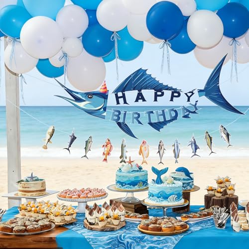 Image of Hooqict Shark Happy Birthday Banner Fishing Birthday Decorations Fish Party Banner Garland Sign for Boys Men Fisherman Sea Ocean Themed Shark Birthday Party Decorations