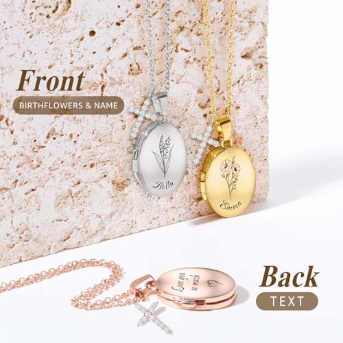 925 Sterling Silver Custom Locket Necklace with Photo, Personalized Picture Locket Necklace for Women with Birth Flower and Text, Memorial Jewelry Gifts for Her, Birthday Christmas Gifts2