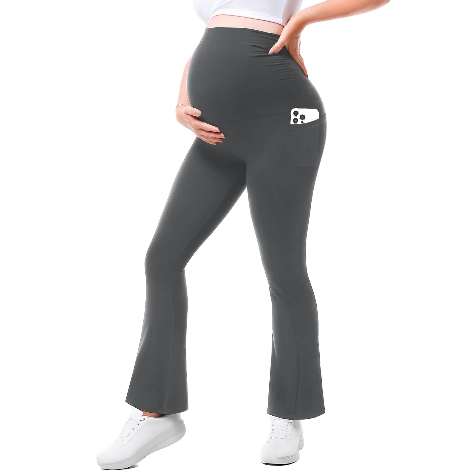 Walifrey Damen Flared Umstandsleggings mit Taschen | Ausgestellte, stretchy Schwangerschaftsleggings, hohe Taille, bequeme Umstandshose für Arbeit, Lounge & Sport, 29 Inch
