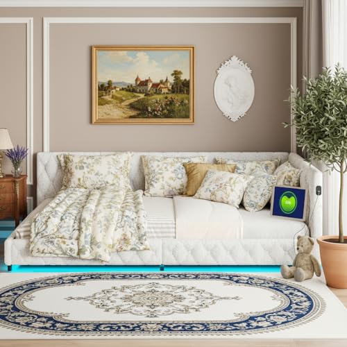 MISNODE Polsterbett Schlafsofa 140x200, Eckbett Sofabett mit LED und USB, L-förmiges Tagesbett Schlafsofa mit Lattenrost, Kinderbett Jugendbett Daybett Doppelbett, Teddy-Samtstoff(Beige-B01, 140x200)