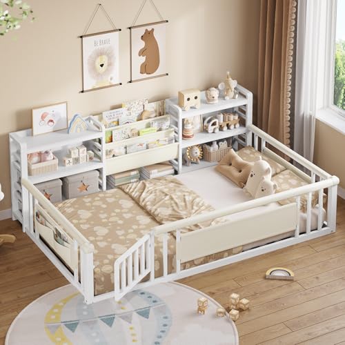 DICTAC Twin Floor Bed for Kids with High Fence and Door, Montessori Floor Bed Frame with Storage Bookcase & Shelf, Floor Bed Twin Size for Toddlers Boys Girls, No Box Spring Needed,Included Wood Slats