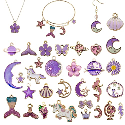 PALAY Alloy,Resin 31Pcs Diy Jewelry Making Pendent Kit Assorted Cartoon Theme Enamel Charms Gold Plated Diy Necklace Bracelets Charm Kit For Bracelet Jewelry Making And Crafting
