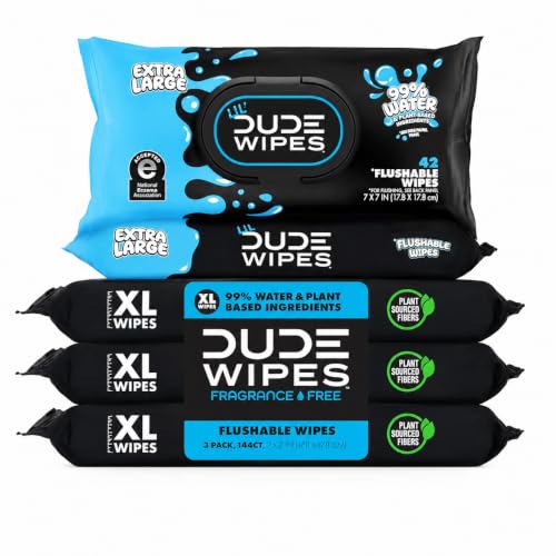 Image of DUDE + LiL' DUDE Wipes Flushable Wipes for Sensitive Skin - 99% Water, Unscented, Hole Family Flushing - 3 Pack (144 Count) + 2 Pack (84 Count) - Vitamin E and Aloe - Septic and Sewer Safe