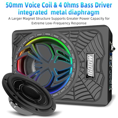 Image of 1600W 10 inch Ultra-Thin Under-Seat Car Subwoofer with Built-in D-Class Amplifier, LED Ambient Lights, Independent Bass Knob, LPF /Gain /Bass Boost, Distortion-Free Deep Bass for Most Vehicles