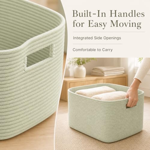 Image of 12.8GAL Small Cute laundry basket for nursery, Boho Square storage basket for Living Room Decor, Kids Girls Boys Toys Stuffed Animal Decorative Short Hamper for Dirty Clothes, Bath Towel Sage Green
