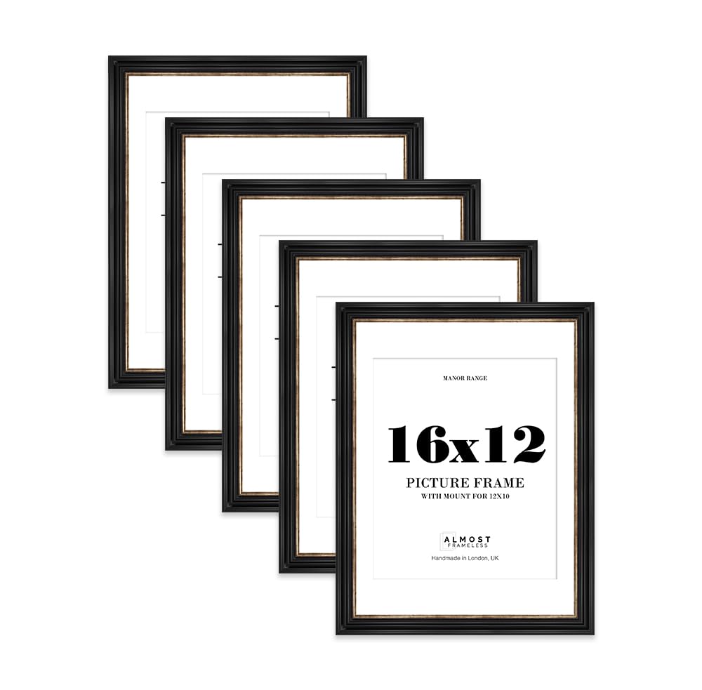 16x12 Black and Gold Picture Frame - 16x12 Frame with 12x10 Mount for 16x12/12x10 Pictures Vintage Style Gallery Wall, 5 Pack