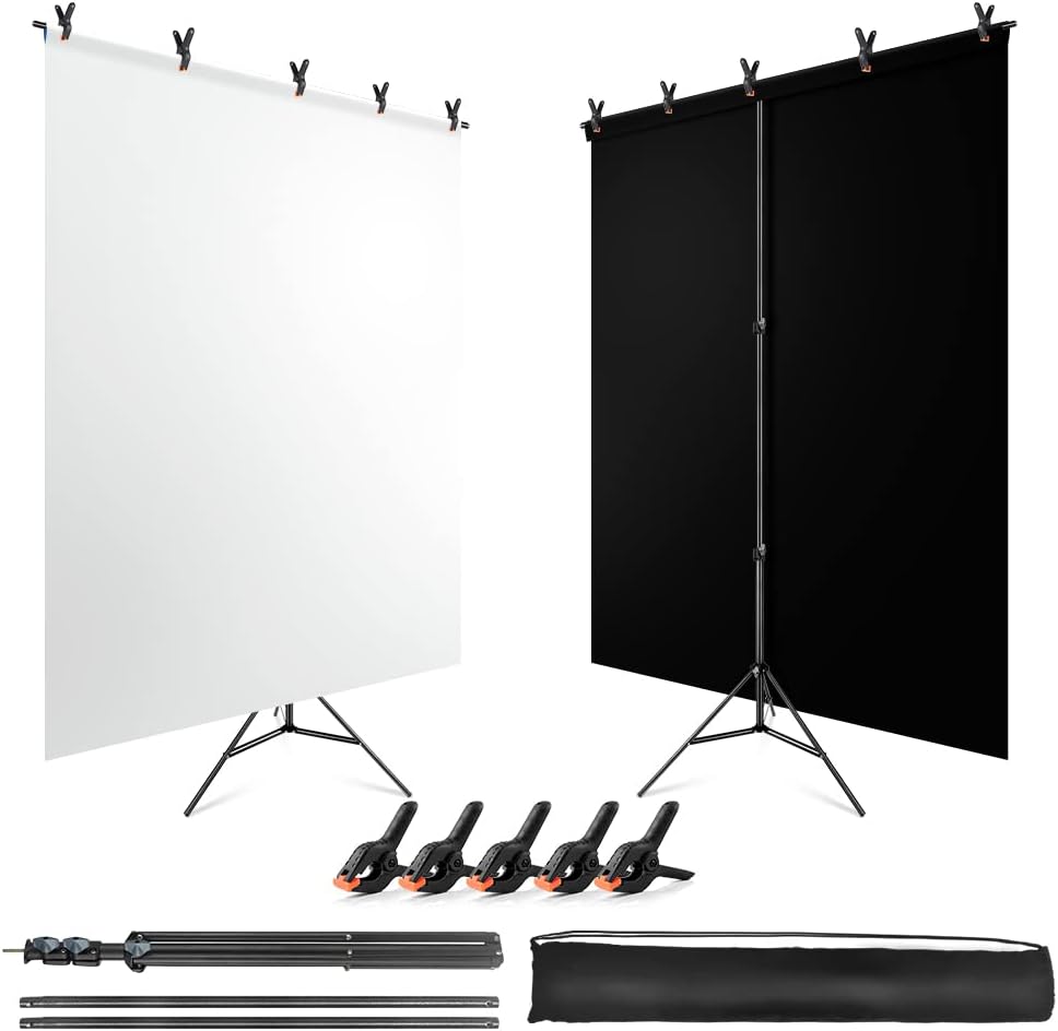JEBUTU 5X6.5ft White Black Backdrop with Stand Kit for