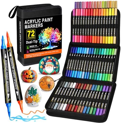 Acrylstifte Set 72 Farben, Dual Tip Acrylic Paint Marker mit Feiner Spitze und Pinsel, Acrylmarker Wasserfest für Steine Holz Ostereier Glas Keramik Leinwand und Papier, Acrylfarbe