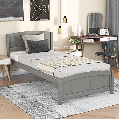 Rockjame Wood Platform Bed, Twin Bed Frame with Headboard, Footboard and 10 Wooden Slats Support, Nice Look, Perfect House Bedroom Furniture (Gray)