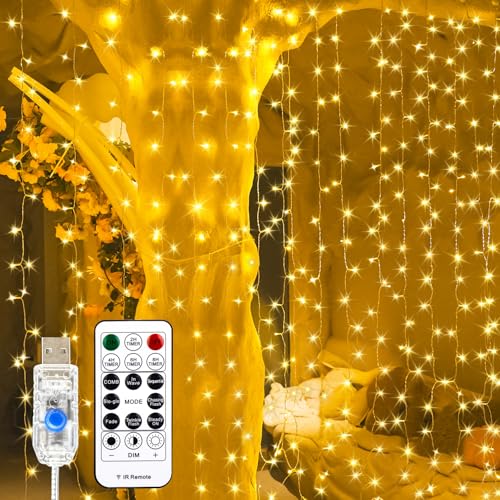SINAMER Curtain Light for Bedroom, 200LED 6.6x6.6ft Warm White Window Wall Hanging Fairy Curtain String Light, 8 Modes Remote Fairy String Lights Indoor for Wedding Party Home Garden Decorations