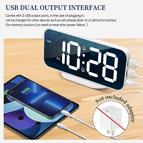 Smouping Digital Alarm Clock For Bedroom,6.7" Led Clock Mirror Surface With 2 Usb Charger Port,Adjustable Brightness,Dual Alarm,Snooze,12/24H,Large Display Clock For Room Decor(White) #TOP4