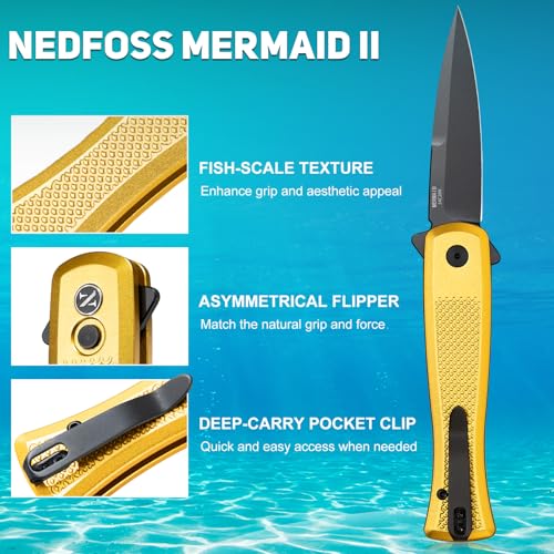 Image of NedFoss MERMAID II Pocket Knife, 3.18 inch 14C28N Steel Small EDC Button Lock Knife with Aluminum Handle and Deep Pocket Clip, Perfect Folding Knife for Men Women (Golden)