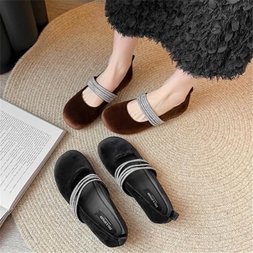 Mary Jane Flats Retro Suede Shoes for Women Rhinestone Ballet Flats Classy Round Toe Wedding Party Dressy Shoes2