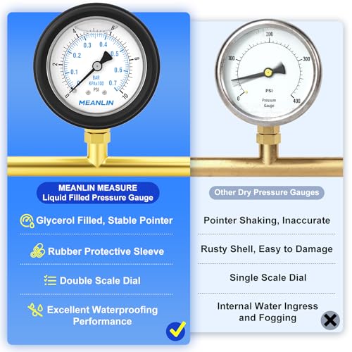 Image of MEANLIN MEASURE 0~10Psi Stainless Steel Liquid Filled Pressure Gauge 1 /4 inch NPT 2.5 inch FACE DIAL with Rubber Protective Sleeve, Lower Mount