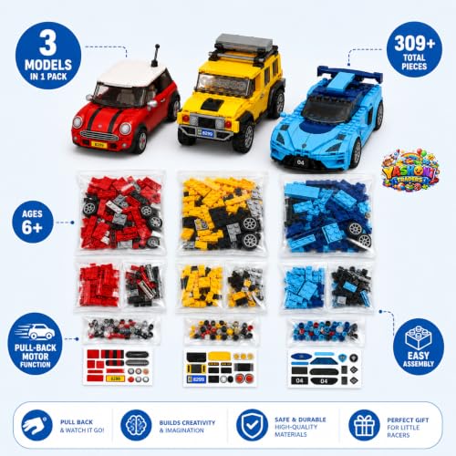 Image of Yashoni Pocket Block Pull-Back Cars Pack of 3-309 Pcs Building Blocks Set | Pull Back & Go Racing Action, STEM Construction Toy for Kids 6+ Boys & Girls | Educational 3D Building Kit, Gift