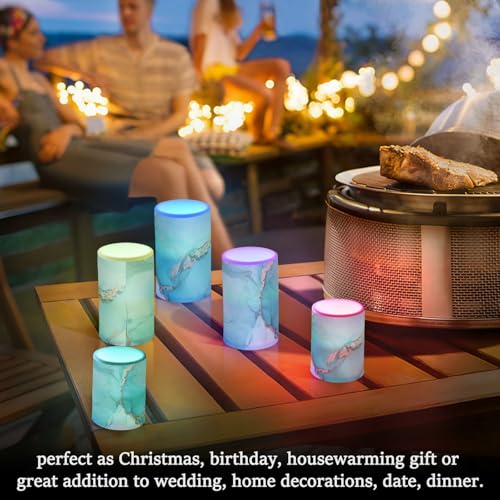 Image of Eionryn Teal Turquoise Marble Texture Flameless Candles Black and Gold Battery Operated LED Candles with Remote Timer Electric Candles for Home Party Decor 2pcs