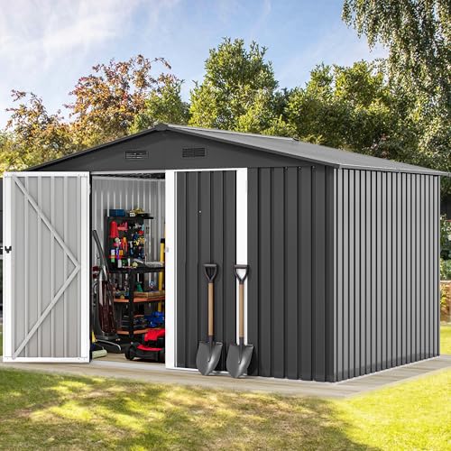 Image of DWVO 10'x8' Large Metal Outdoor Storage Shed, Heavy Duty Tool Storage Sheds for Backyard Patio Lawn - Ideal for Bicycles, Garden Tools, and Lawn Equipment, Easy-to-Assemble, Dark Gray