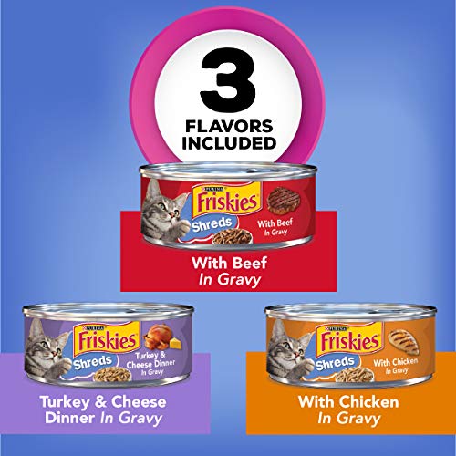 Purina Friskies Gravy Wet Cat Food Variety Pack, Shreds Beef, Chicken and Turkey & Cheese Dinner - (24) 5.5 oz. Cans - Image 3