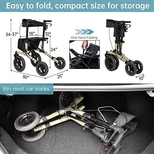Image of ELENKER All-Terrain Rollator Walker with Non-Pneumatic Tire 12 inch Front Wheels, Compact Folding Design for Seniors (Champagne)