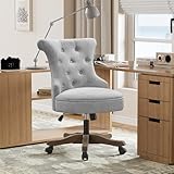 Batohom Home Office Adjustable Height Swivel Chair With Wheels - Linen Fabric Upholstered Computer Desk With Wooden Legs - Comfortable Armless for Study Studio (Light Grey)
