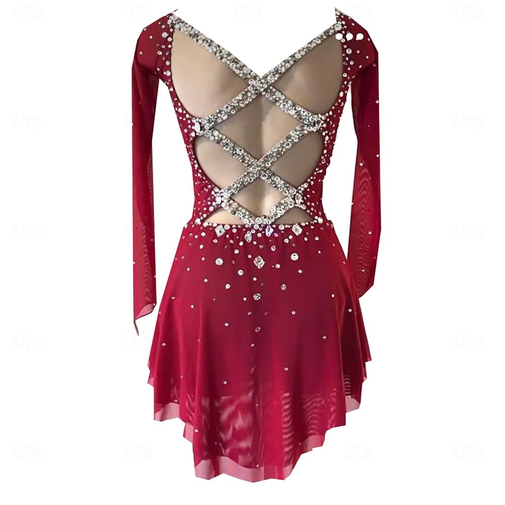 Modisches Eiskunstlauf-Outfit mit Langen Ärmeln, handgefertigter Eiskunstlaufrock, Outdoor-Gymnastikanzug für Damen/Mädchen, rückenfreier Rollschuh-Trainingsrock