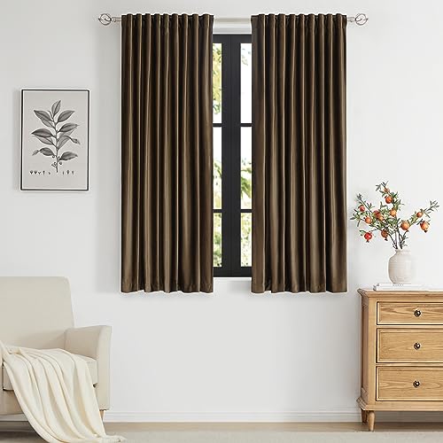 Image of PRIMROSE Brown Velvet Curtains 63 inch Long for Living Room,Set of 2 Panels Blackout Rod Pocket Back Tab Window Treatment Room Darkening Heavy Decorative Curtains Drapes for Bedroom
