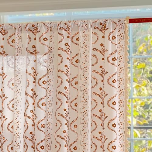 Image of Boho Valance Curtain for Kitchen Window, Terracotta on Beige Farmhouse Short Curtains Floral Tassel Window Valance Light Filtering Rod Pocket 1 Panel 55 inch W x 14 inch L