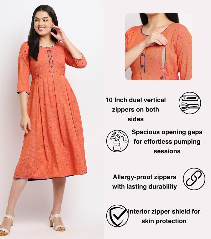 True Shape Feeding Kurtis for Women Cotton | Trendy Maternity Anarkali Kurta with Dual Nursing Zippers in Viscose Rayon for Pre & Post Pregnancy(TSF-138-XL, Bright Peach) 1