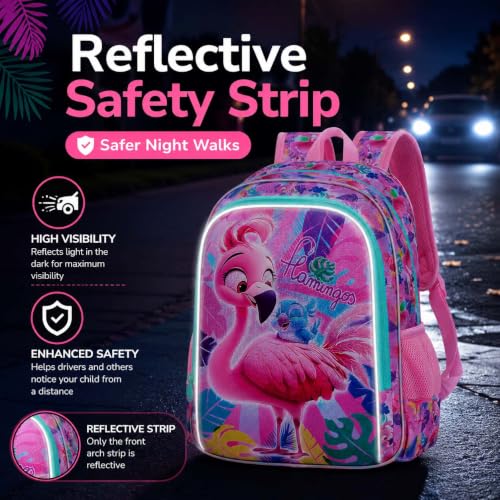 Image of AGSDON 3PCS Flamingo Backpacks for Girls, 16 inch Kids Backpack with Lunch Box, Water Resistant Girl Reflective Bookbag for Elementary
