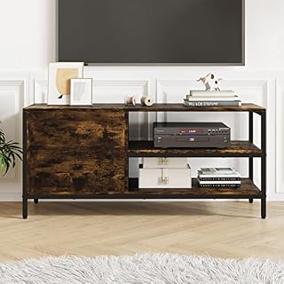 Novilla 110cm TV Stand Cabinet for 50 Inch TV, 2 Tier TV Cabinet with 2 Doors, Six-zone Storage, Adjustable Shelf & Metal table legs, Anti-scratch & Waterproof Desktop, Rustic Brown, 110x40x50cm