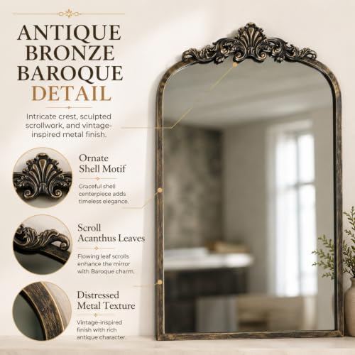 Image of Arched Wall Mirror, 21x31 inch Baroque Traditional Design, Antique Bronze