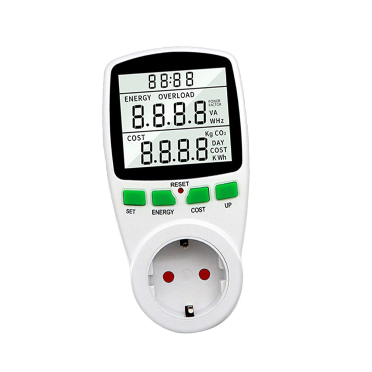 Misuratore di Consumo Elettrico Digitale da Presa Ac230v 16a | Lcd Retroilluminato Grande, Misura Energia, Ampere e Fattore di Potenza, Memoria Min/max e Costo