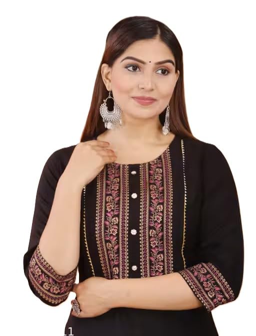 Women's Black Straight Kurti with Floral Embroidered Yoke, 3/4 Sleeves, Ethnic Wear-image-41