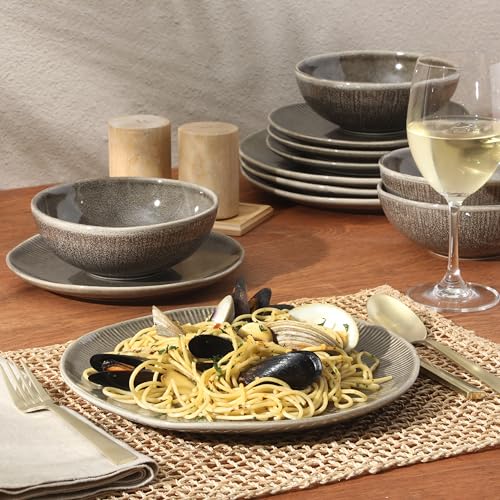 Image of Gibson Elite Sandy Pines Stoneware Plates and Bowls Set - 12 Piece Reactive Glaze Dinnerware Set - Service for 4 - Dishwasher and Microwave Safe - Brown