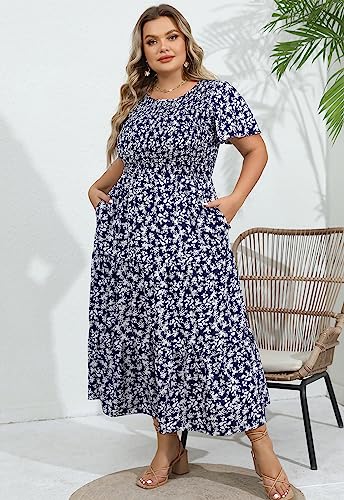 Womens Plus Size Long Maxi Dress with Pockets Floral Smocking Flutter Sleeves Tiered Layers Casual Dresses4